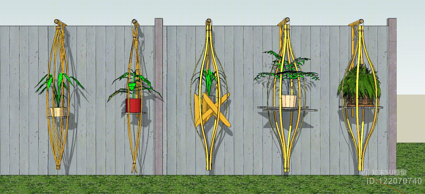 竹子吊篮装饰花盆艺术吊篮SU模型下载【ID:122070740】