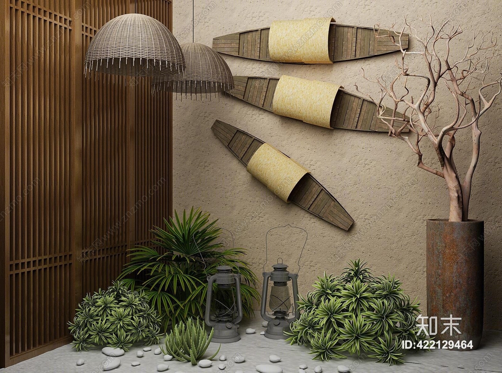 新中式老船土墙煤油灯3D模型下载【ID:422129464】