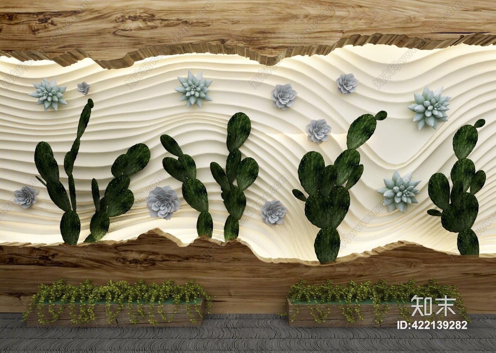 现代植物墙旱景小品仙人掌配饰3D模型下载【ID:422139282】