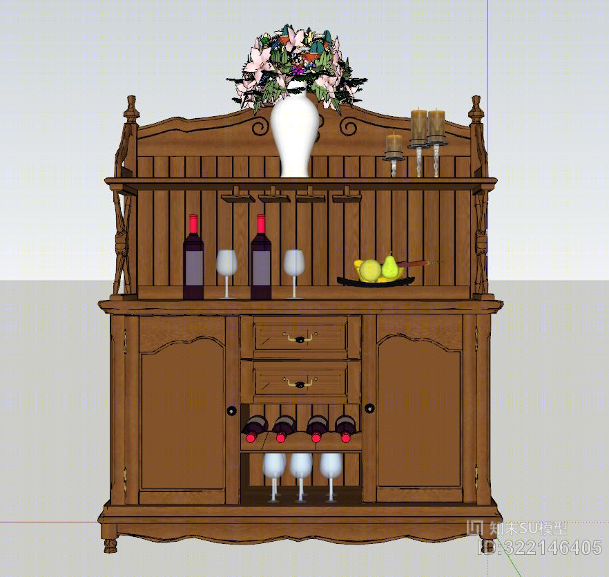 欧式法式木质餐边柜酒柜花瓶摆件酒柜SU模型下载【ID:322146405】
