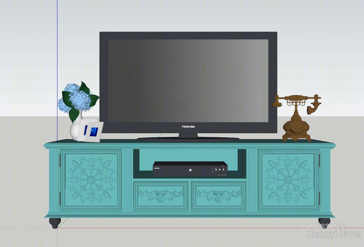 精致原创欧式古典电视柜电视机花瓶电话机模型组合SU模型下载【ID:222146119】