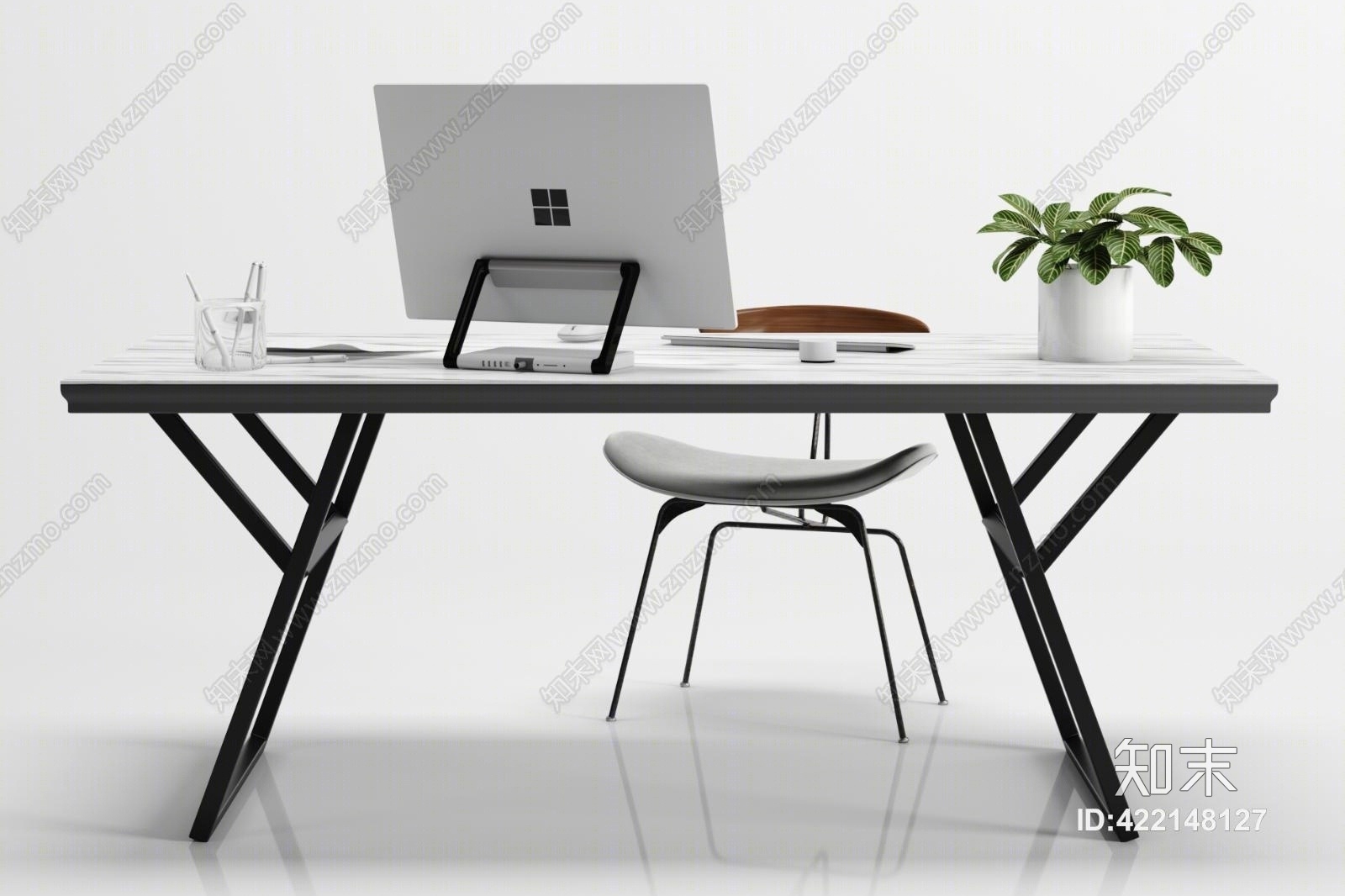 北欧办公桌椅子电脑盆栽摆件组合3D模型下载【ID:422148127】