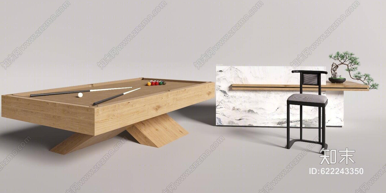 新中式台球桌吧台吧椅组合3D模型下载【ID:622243350】