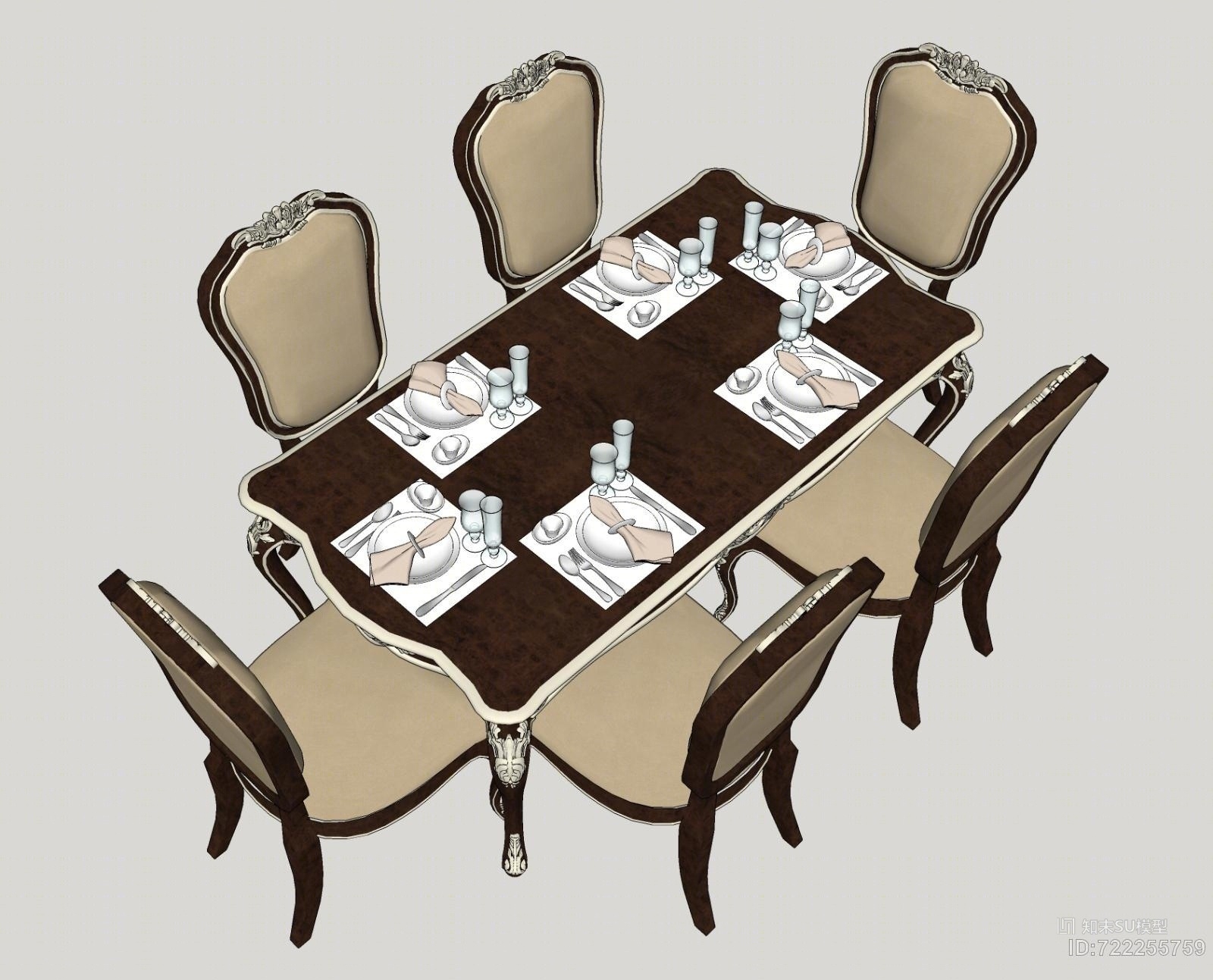 欧式餐桌餐椅餐具SU模型下载【ID:722255759】