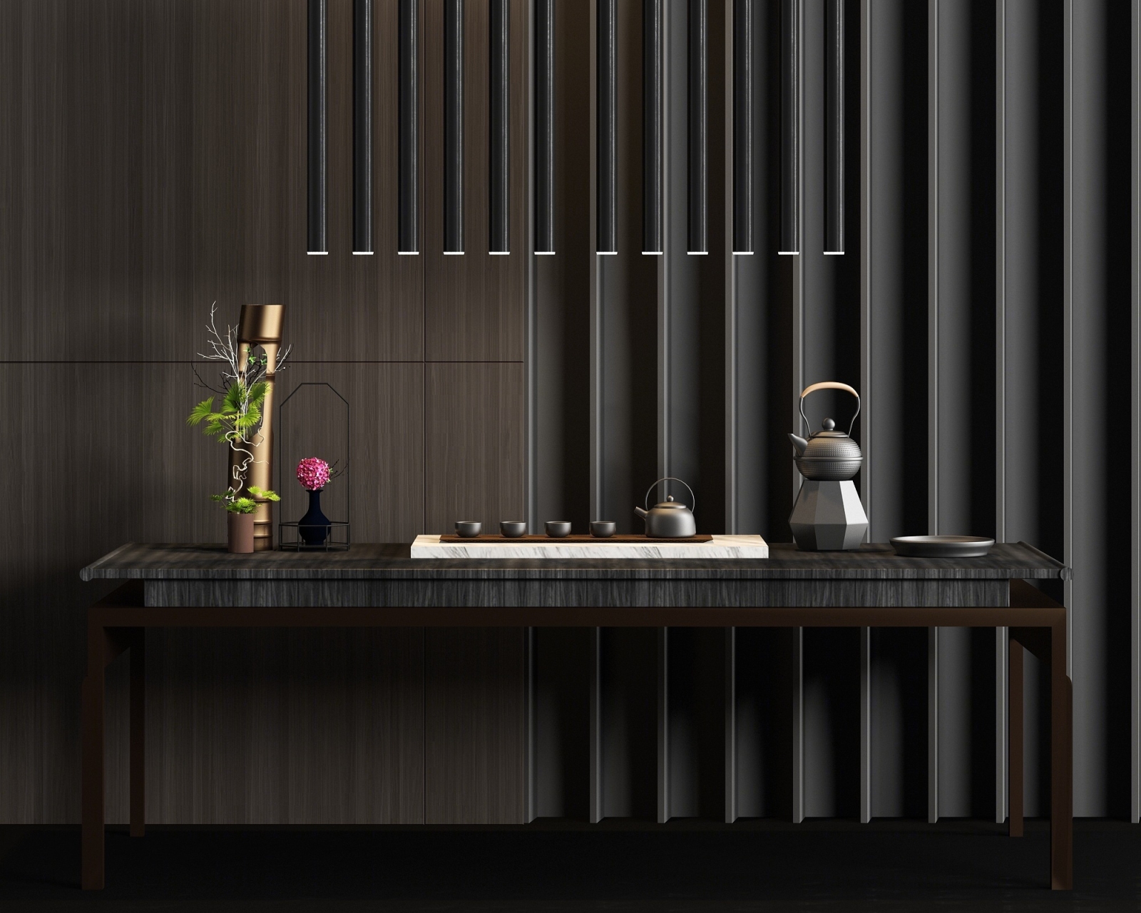 新中式实木茶桌茶具吊灯饰品组合3D模型下载【ID:922301838】