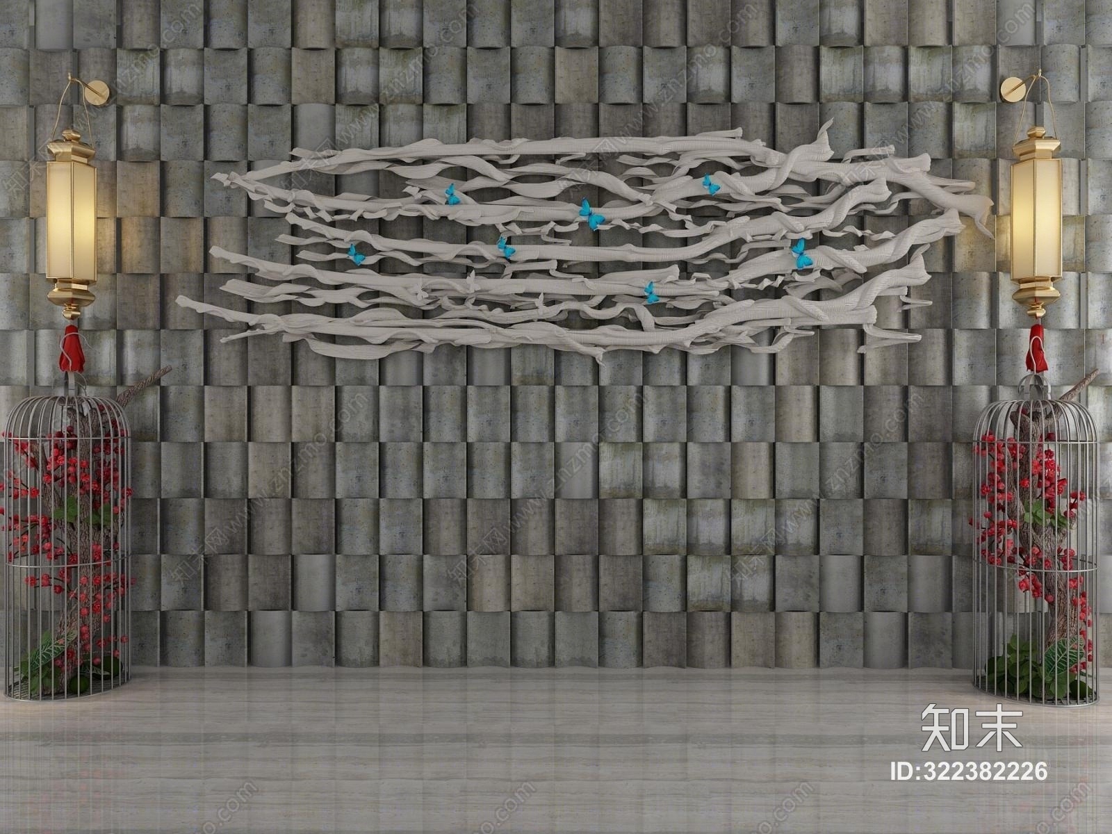 新中式瓦片背景墙3D模型下载【ID:322382226】