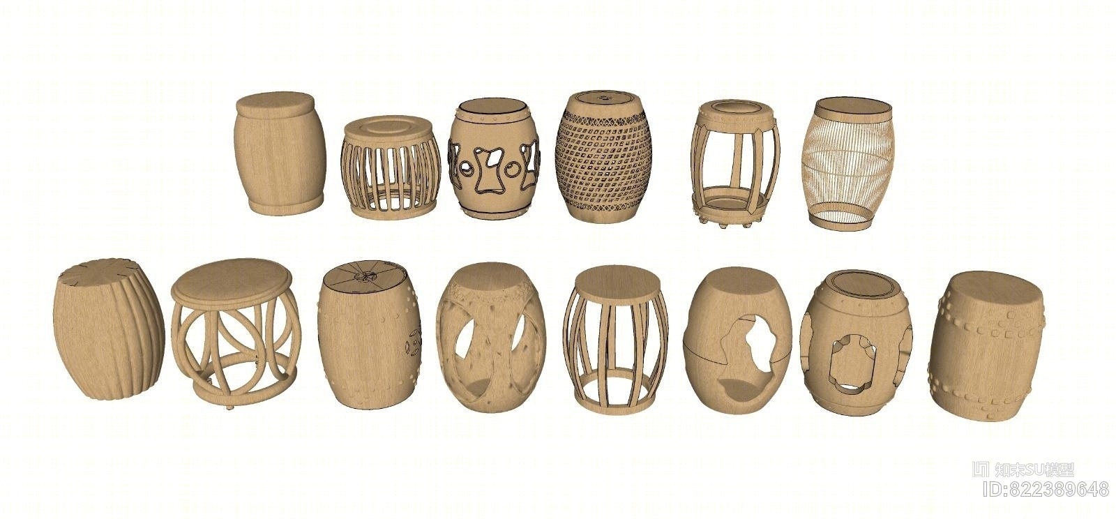 中式鼓凳组合SU模型下载【ID:822389648】
