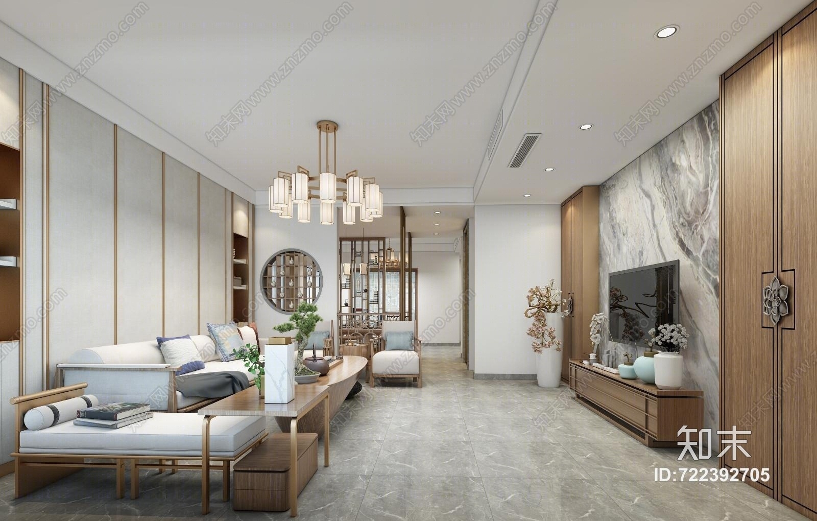 新中式客餐厅茶室家具组合3D模型下载【ID:722392705】