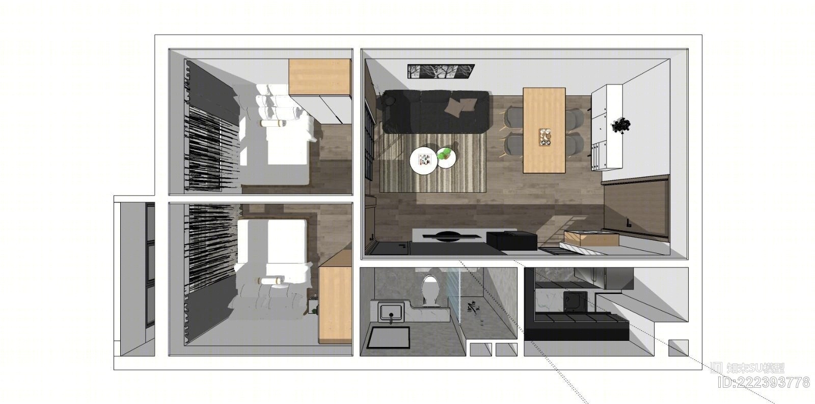 现代小两房公寓SU模型下载【ID:222393778】