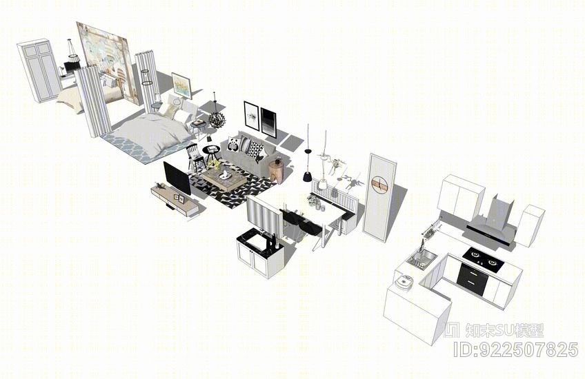 北欧客餐厅卧室厨房家具软装全套SU模型下载【ID:922507825】