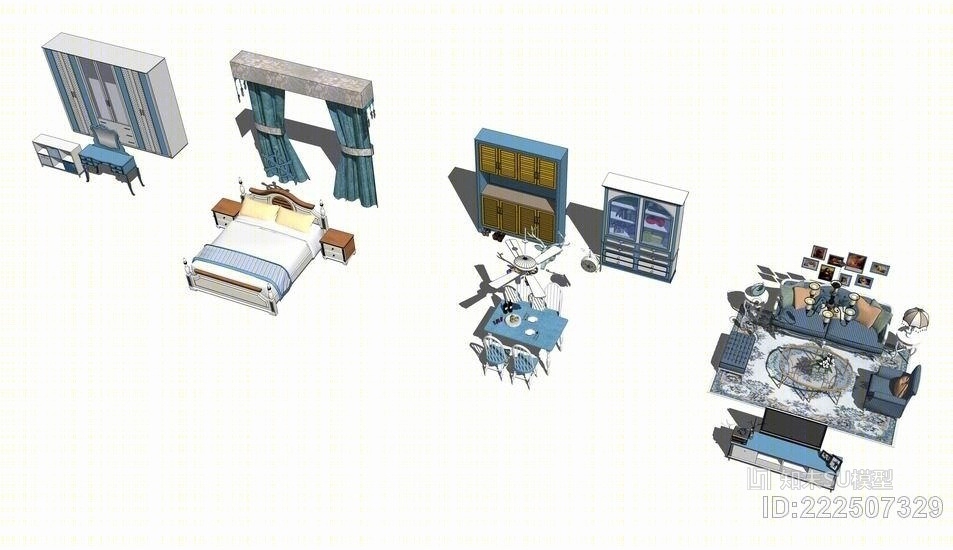 地中海客餐厅卧室家具软装全套SU模型下载【ID:222507329】
