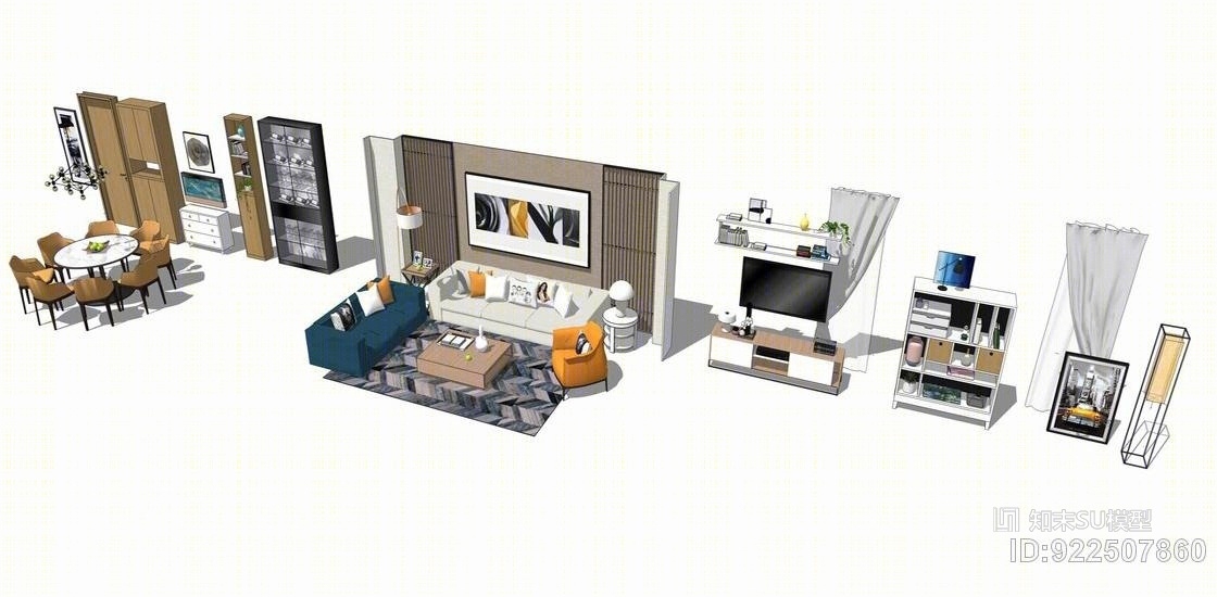 现代港式客餐厅家具软装背景墙全套SU模型下载【ID:922507860】