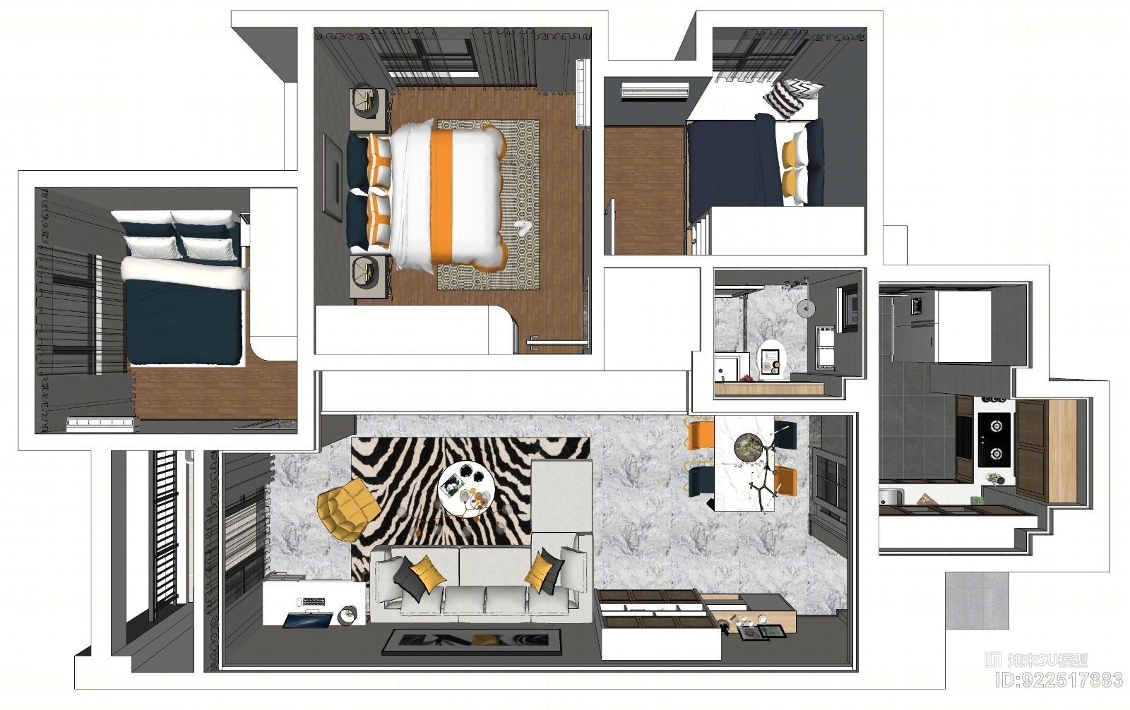 原创精品现代轻奢风三室两厅室内家装设计SU模型下载【ID:922517883】