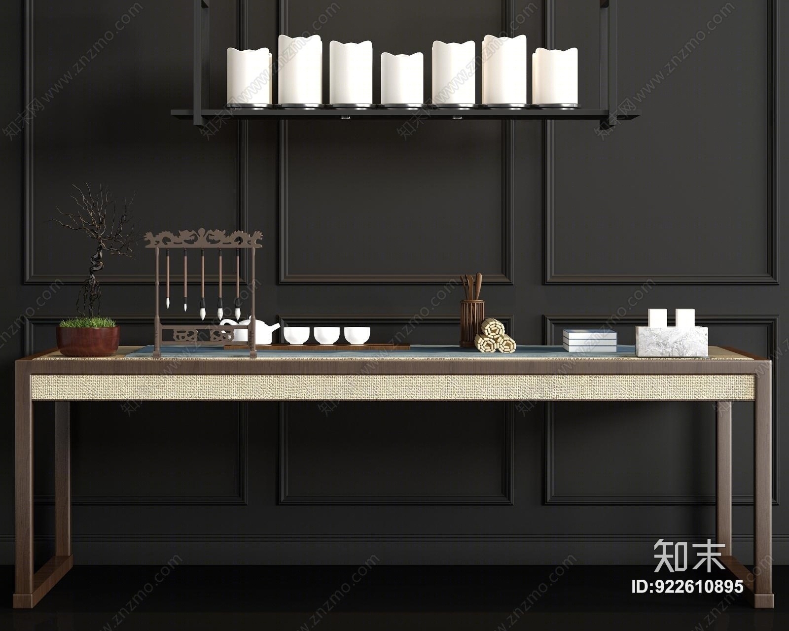 新中式实木茶桌茶具吊灯饰品组合3D模型下载【ID:922610895】