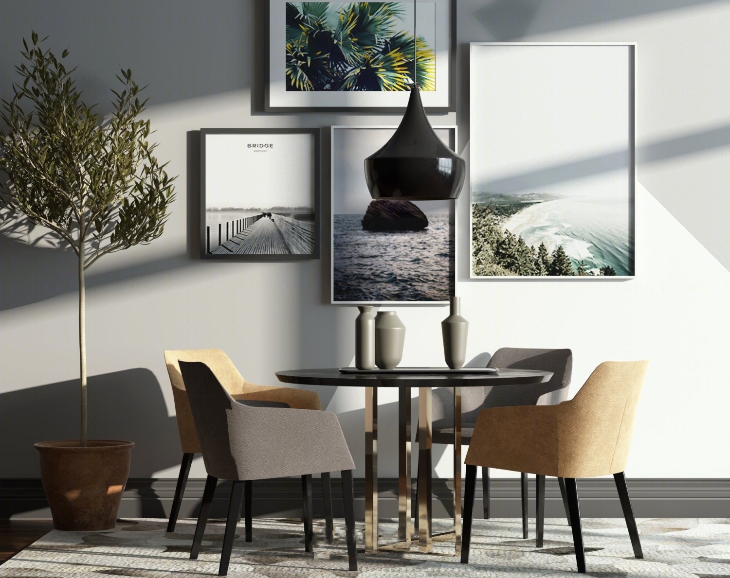 北欧圆桌餐桌椅盆栽组合3D模型下载【ID:322615483】