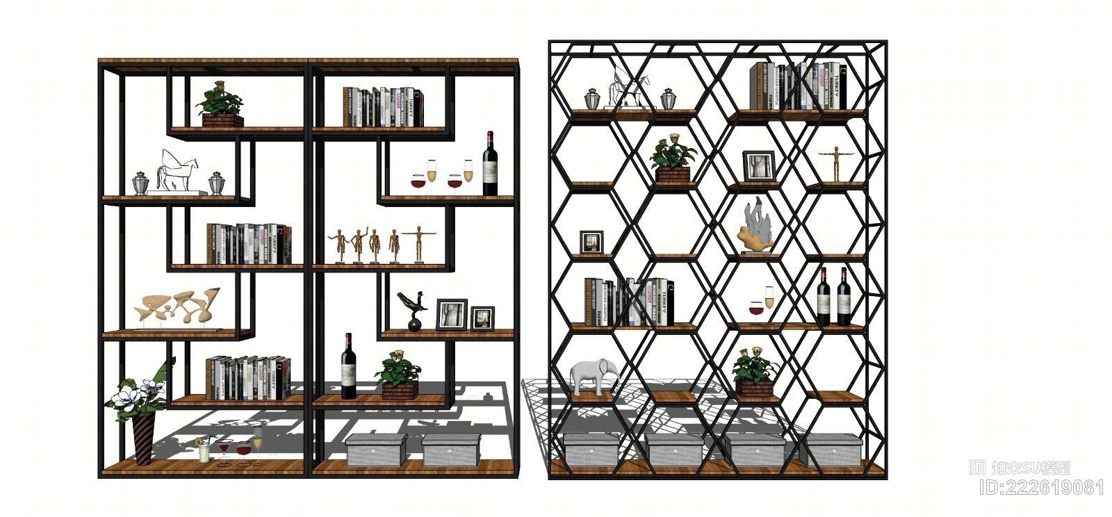 北欧铁艺置物架酒架书架装饰架植物架饰品摆件隔断组合SU模型下载【ID:222619081】