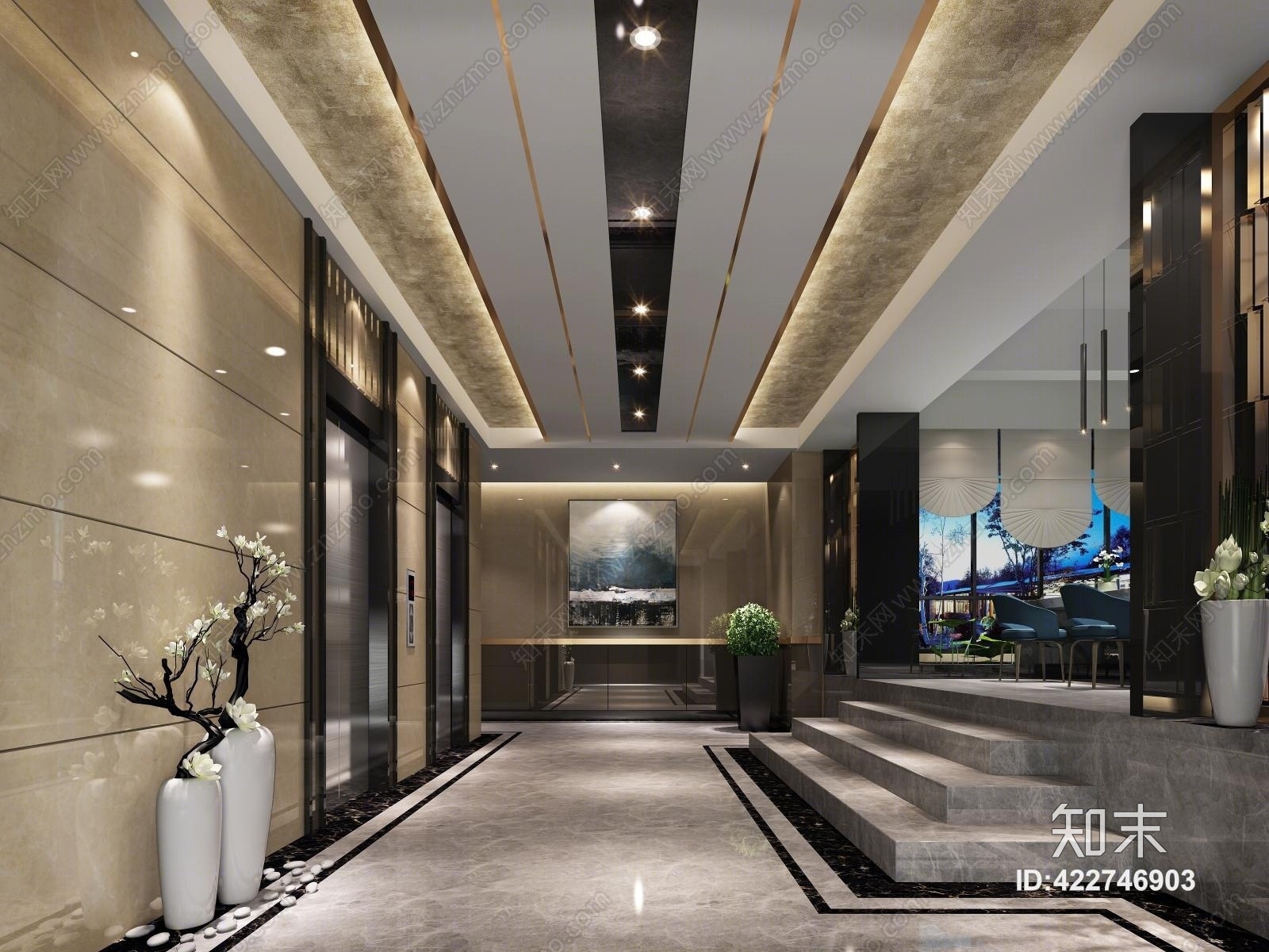 现代酒店过道电梯厅3D模型下载【ID:422746903】