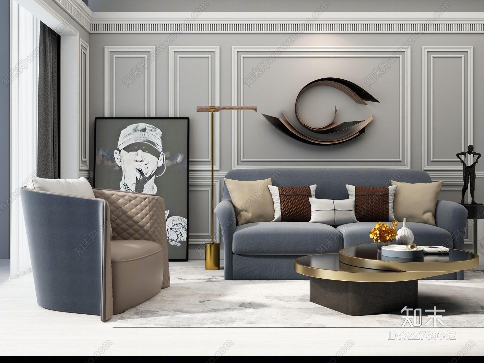 现代轻奢美式沙发茶几组合3D模型下载【ID:322759382】