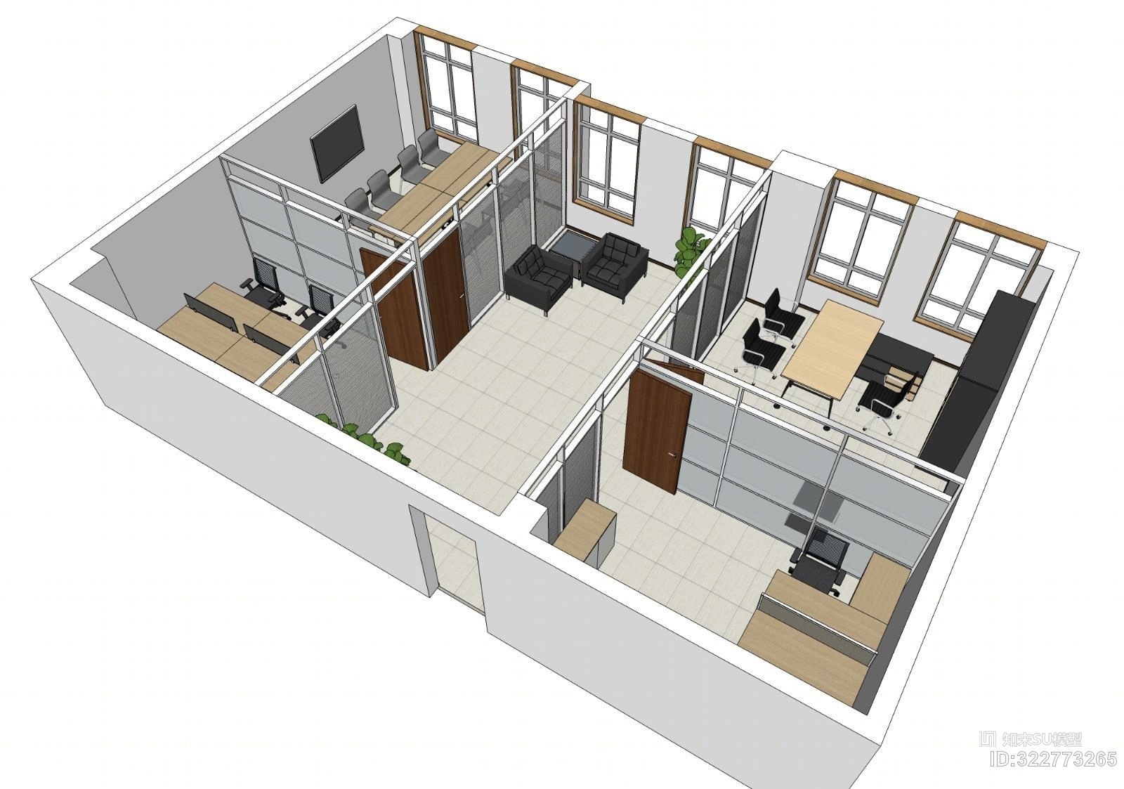 写字楼小型办公室套装（含家具隔间）SU模型下载【ID:322773265】