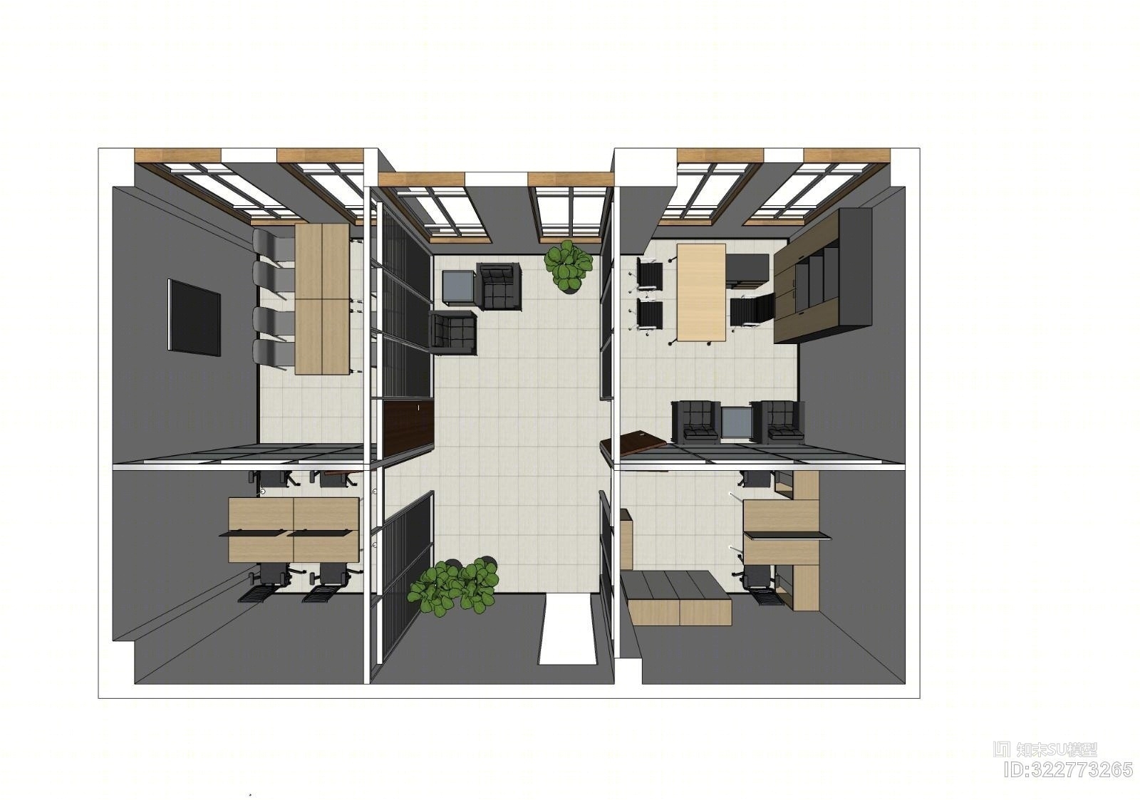 写字楼小型办公室套装（含家具隔间）SU模型下载【ID:322773265】