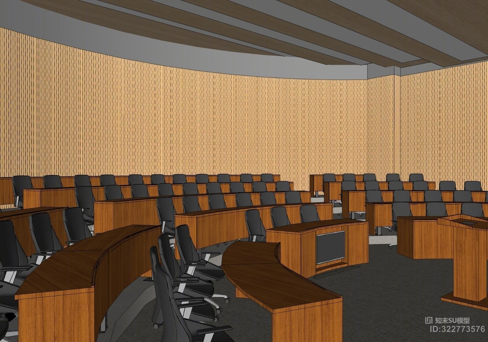 多功能厅（弧形）阶梯会议家具及陈设（可直接VRAY渲染）SU模型下载【ID:322773576】