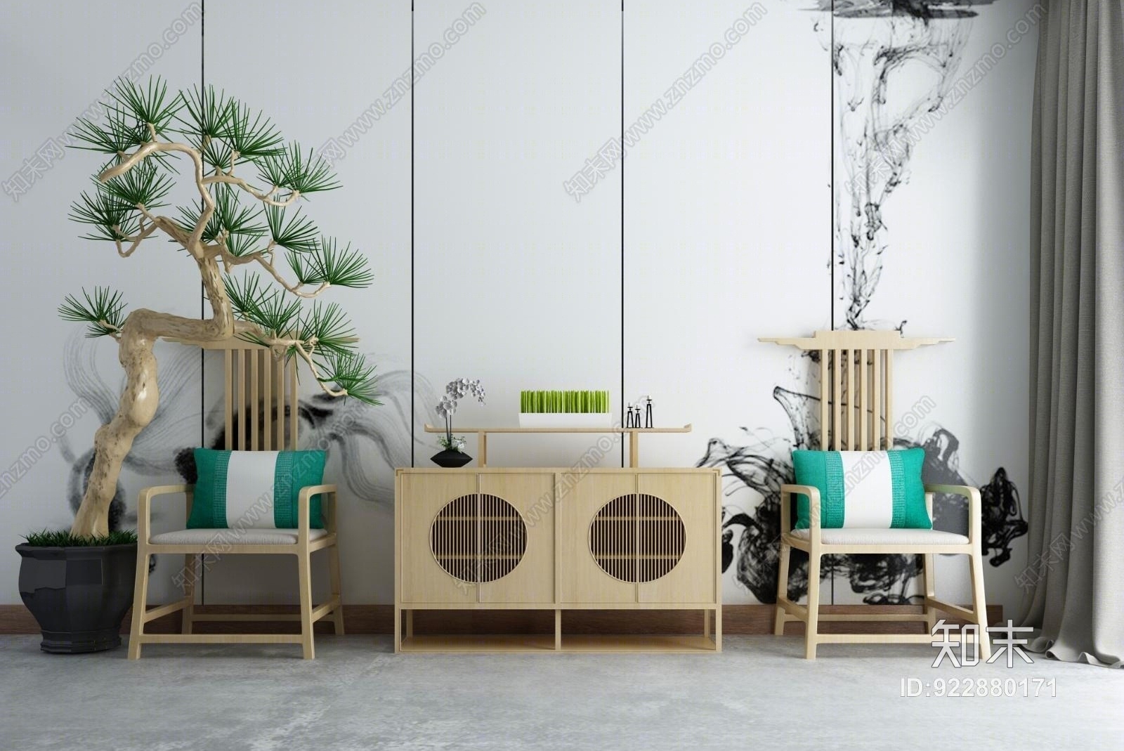 新中式门厅玄关柜组合3D模型下载【ID:922880171】