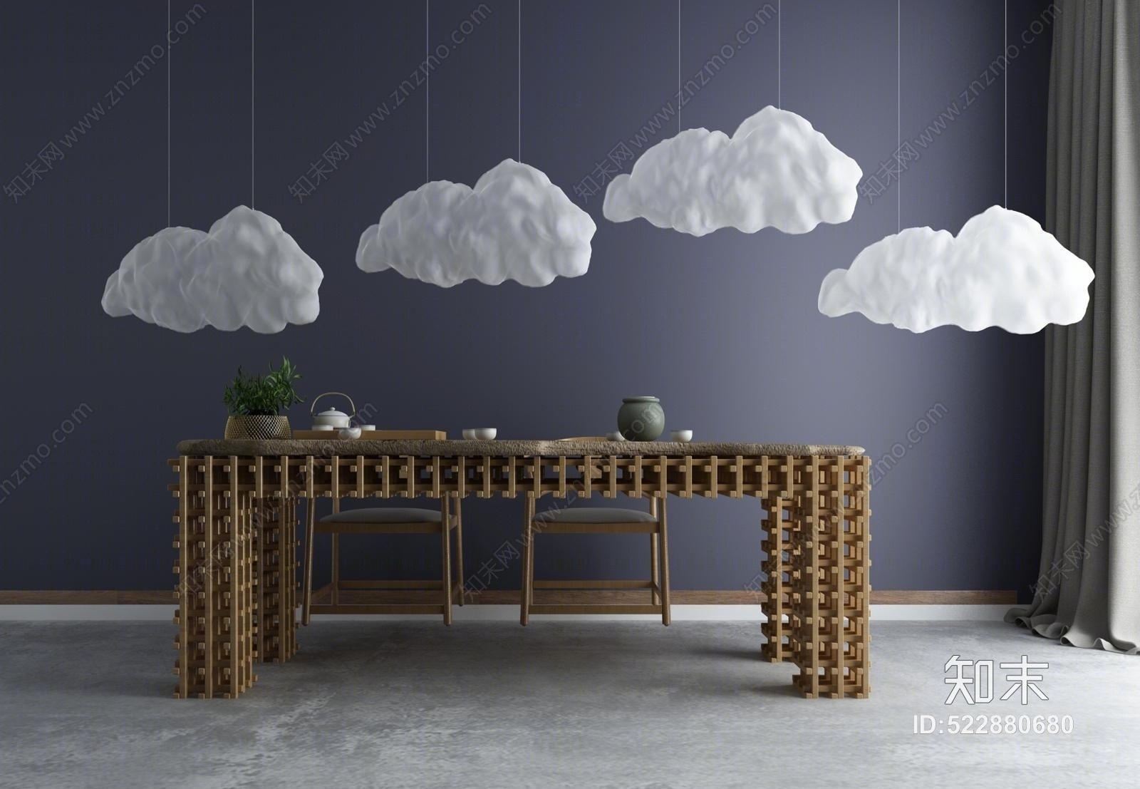 新中式书房茶室祥云吊灯3D模型下载【ID:522880680】