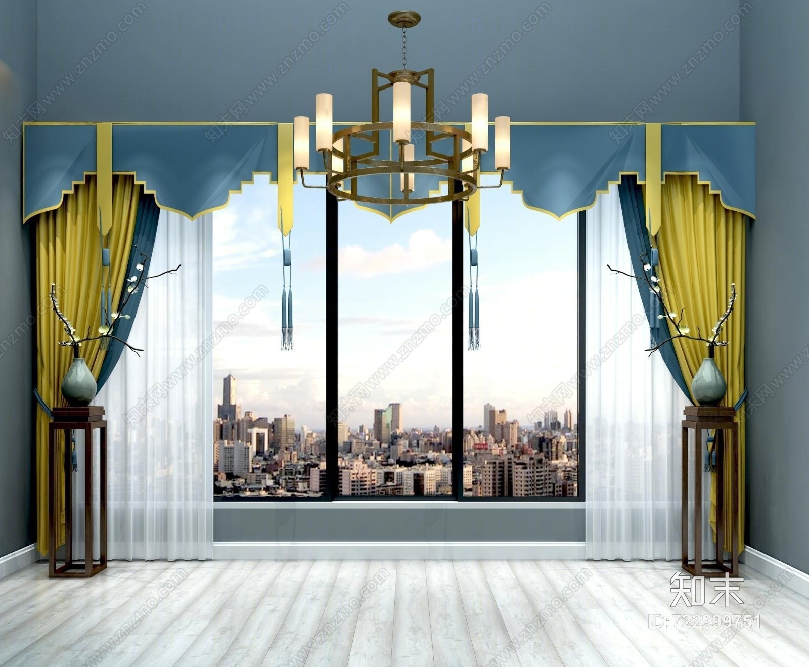 新中式窗帘3D模型下载【ID:722999751】