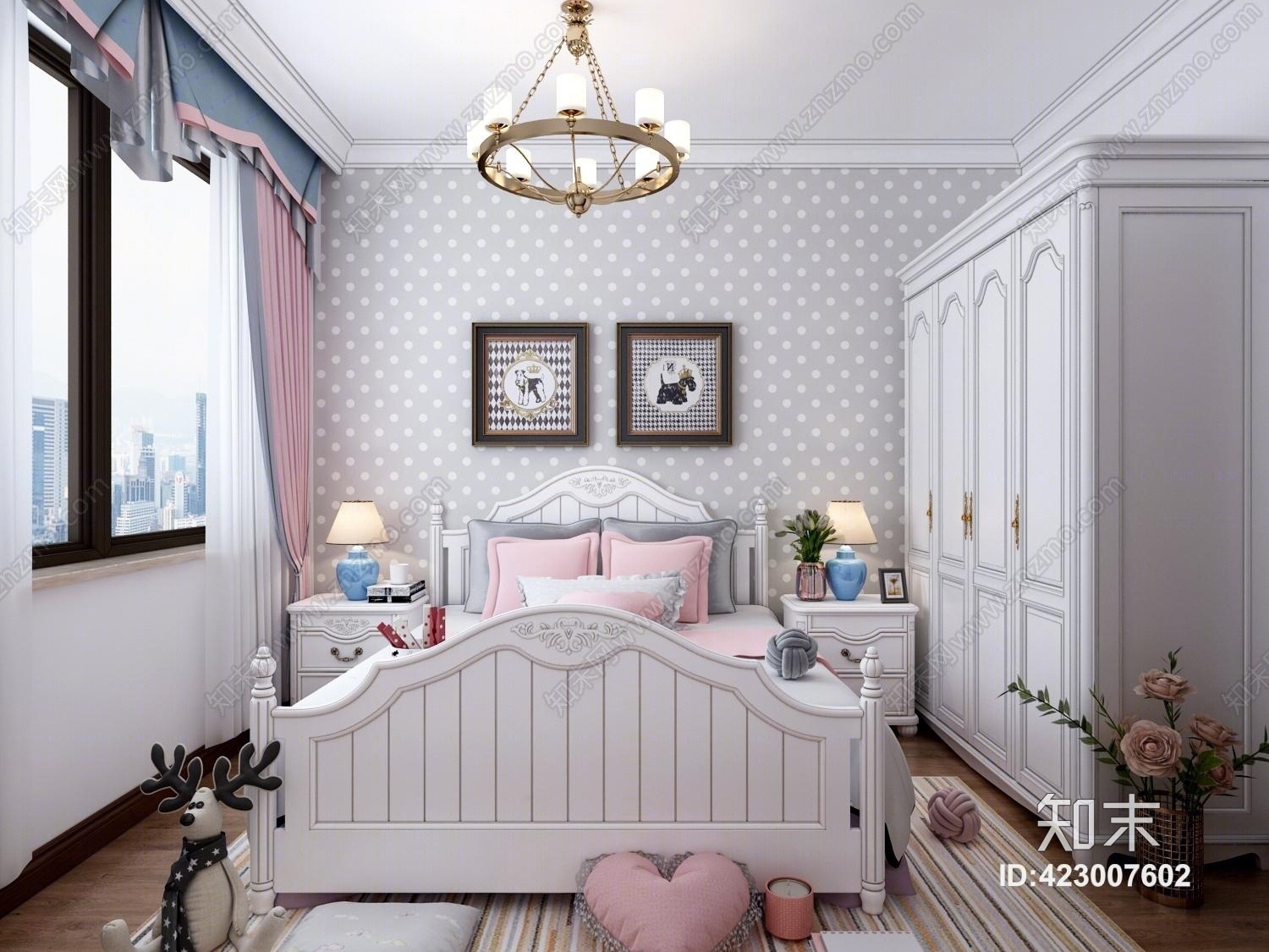 欧式简约粉色公主房3D模型下载【ID:423007602】