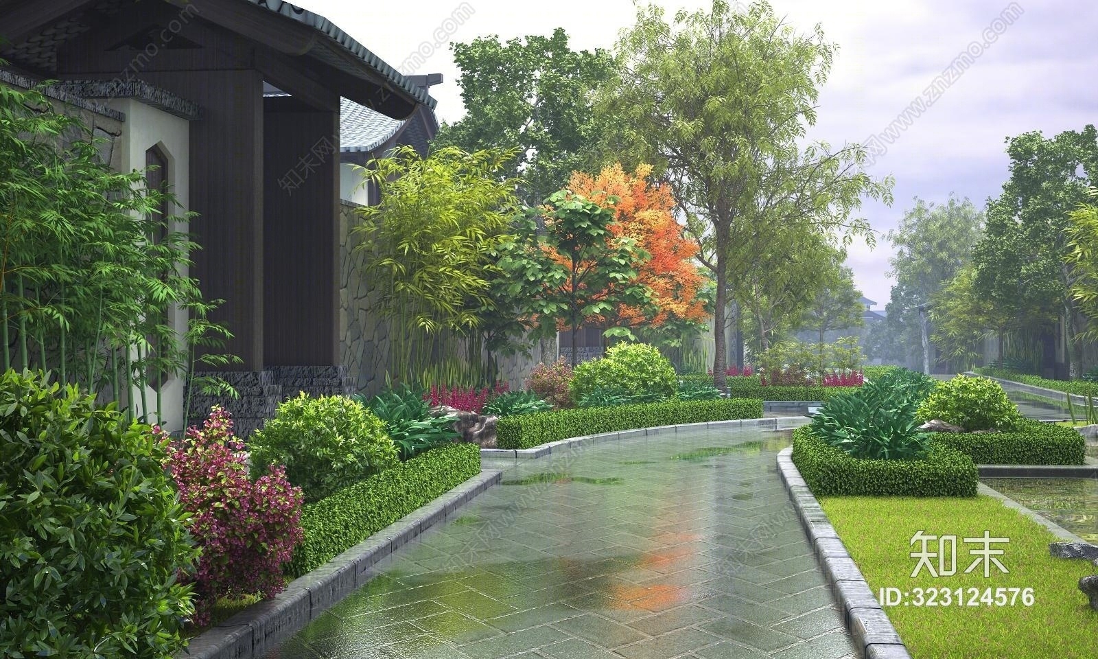 传统中式门头小区园林别墅景观3D模型下载【ID:323124576】