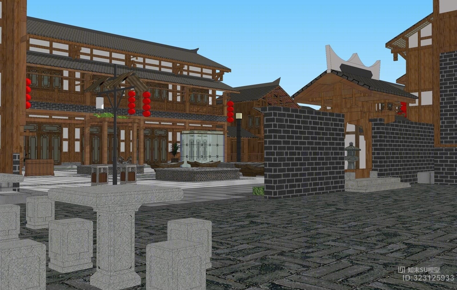 仿古的中式商业街景观+小品+中式建筑SU模型下载【ID:323125933】