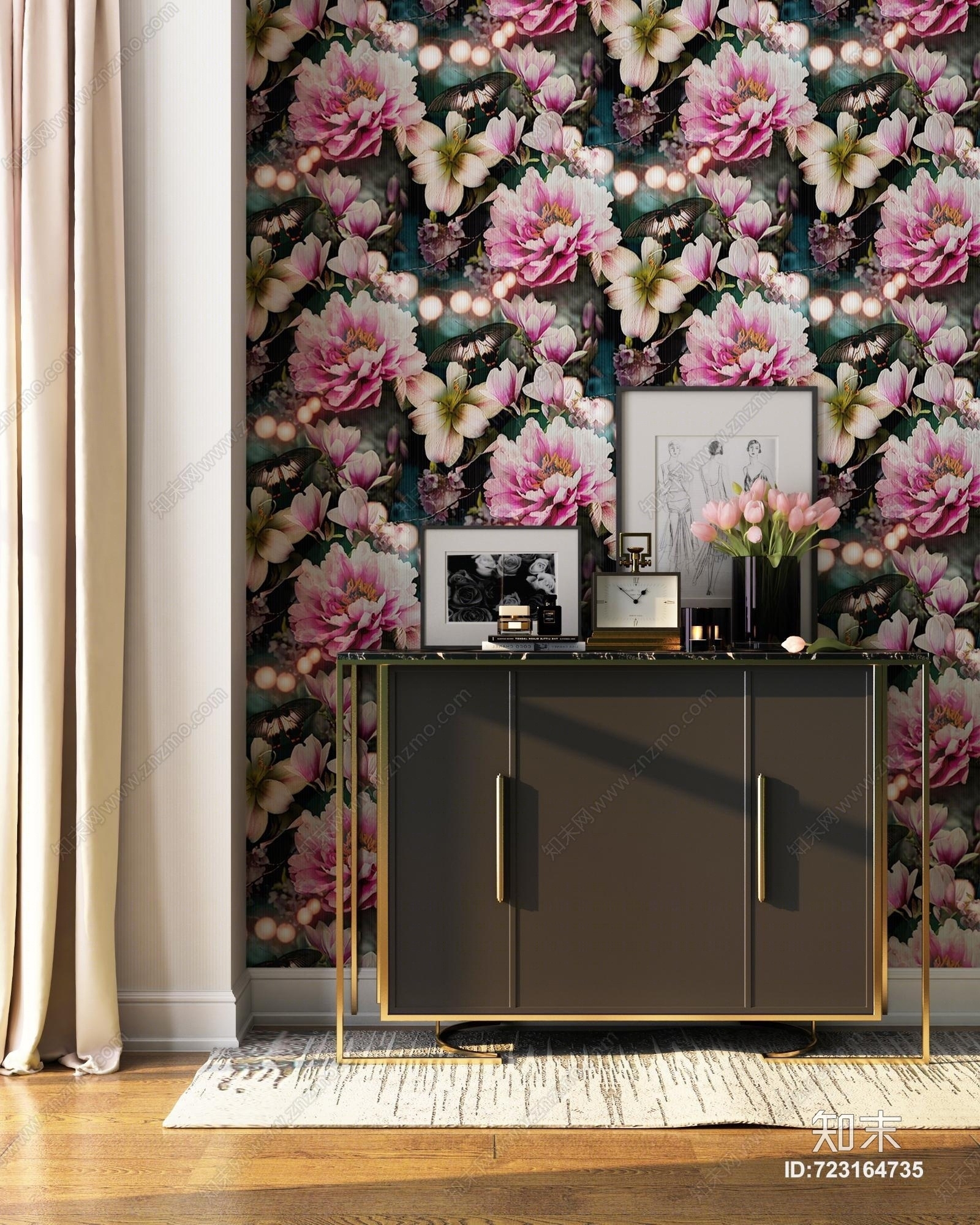 现代客厅装饰柜窗帘装饰品3D模型下载【ID:723164735】