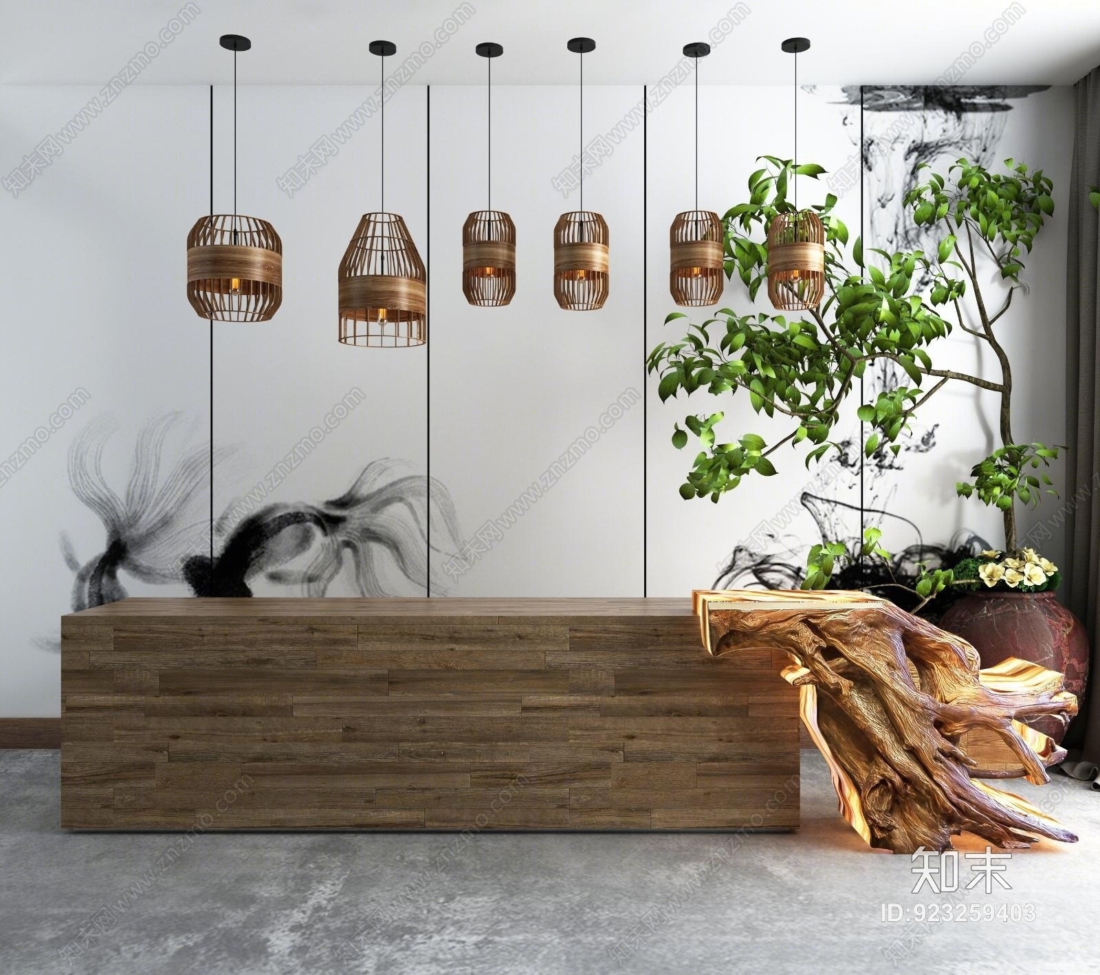 新中式酒店客栈实木直线吧台3D模型下载【ID:923259403】