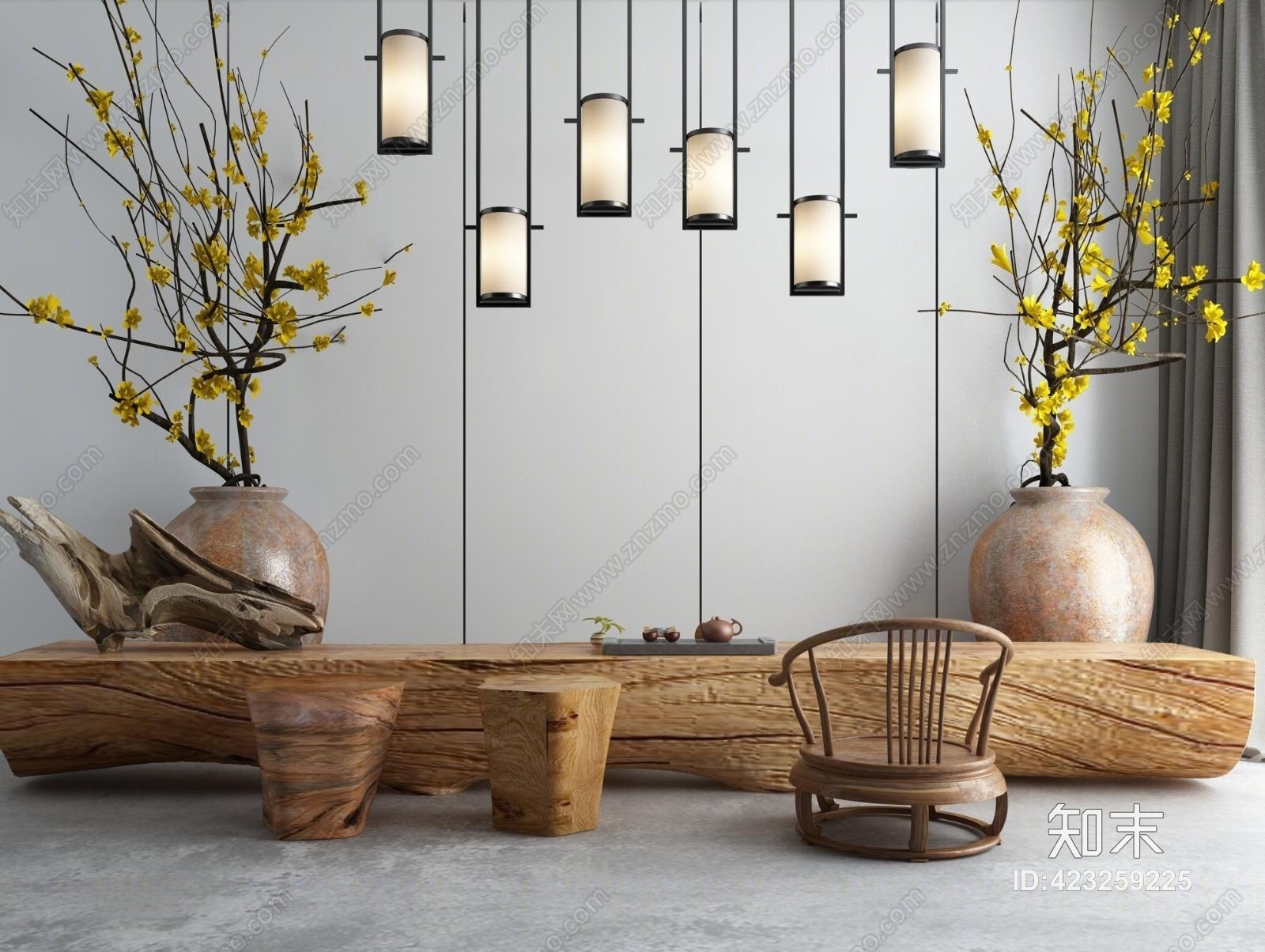新中式实木跟吊灯接待台中式吊灯摆件组合3D模型下载【ID:423259225】