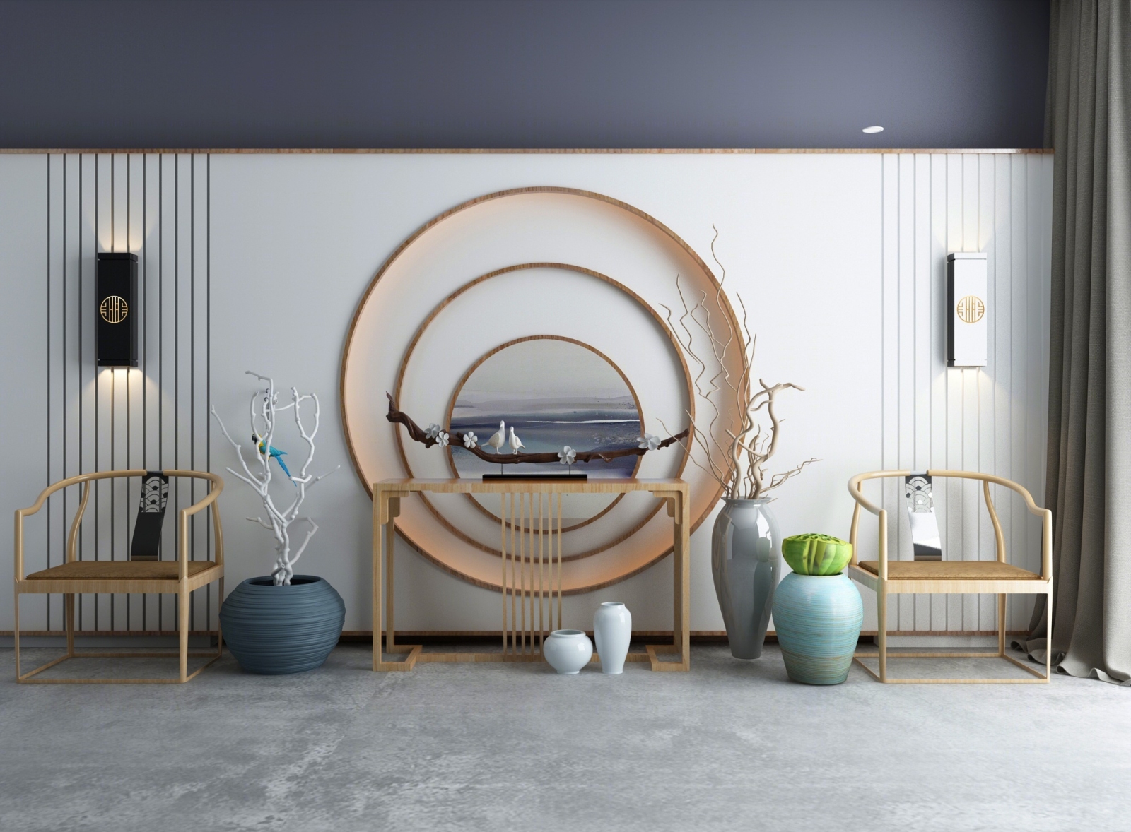 新中式端景柜门厅景观中式摆件壁灯组合3D模型下载【ID:223259444】