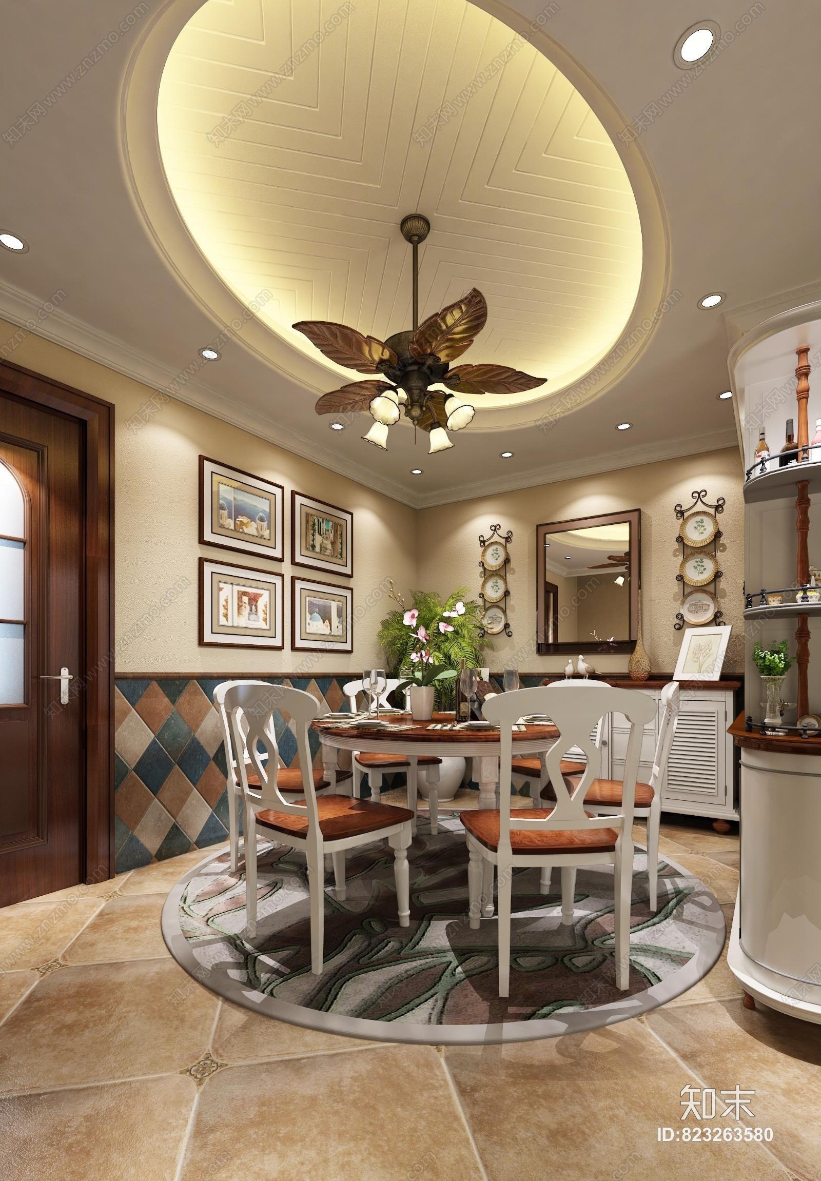 美式田园餐厅风扇吊灯3D模型下载【ID:823263580】