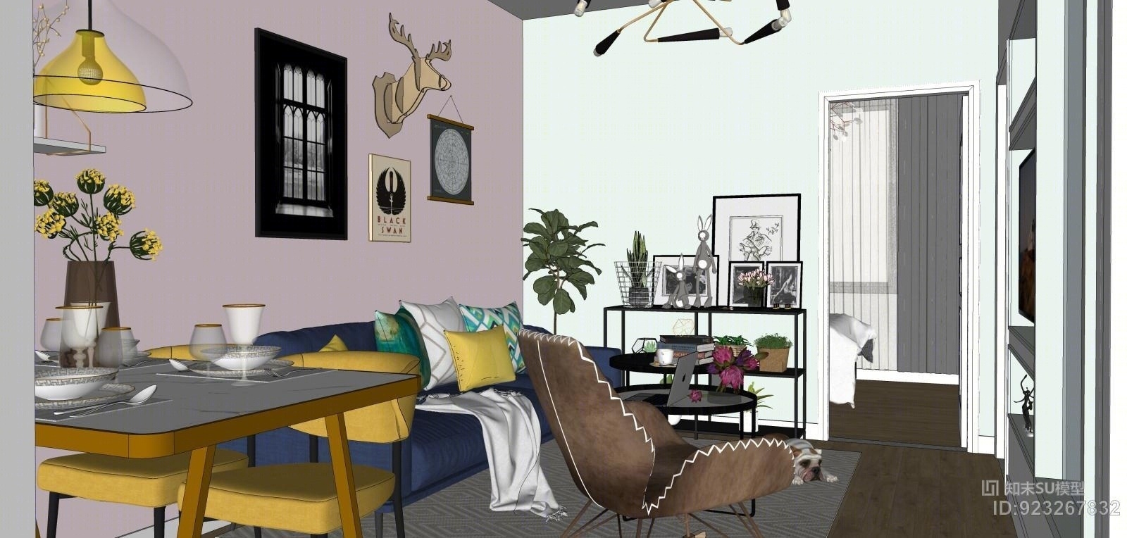 现代北欧客厅混搭自建房三室两厅室内设计SU模型下载【ID:923267832】