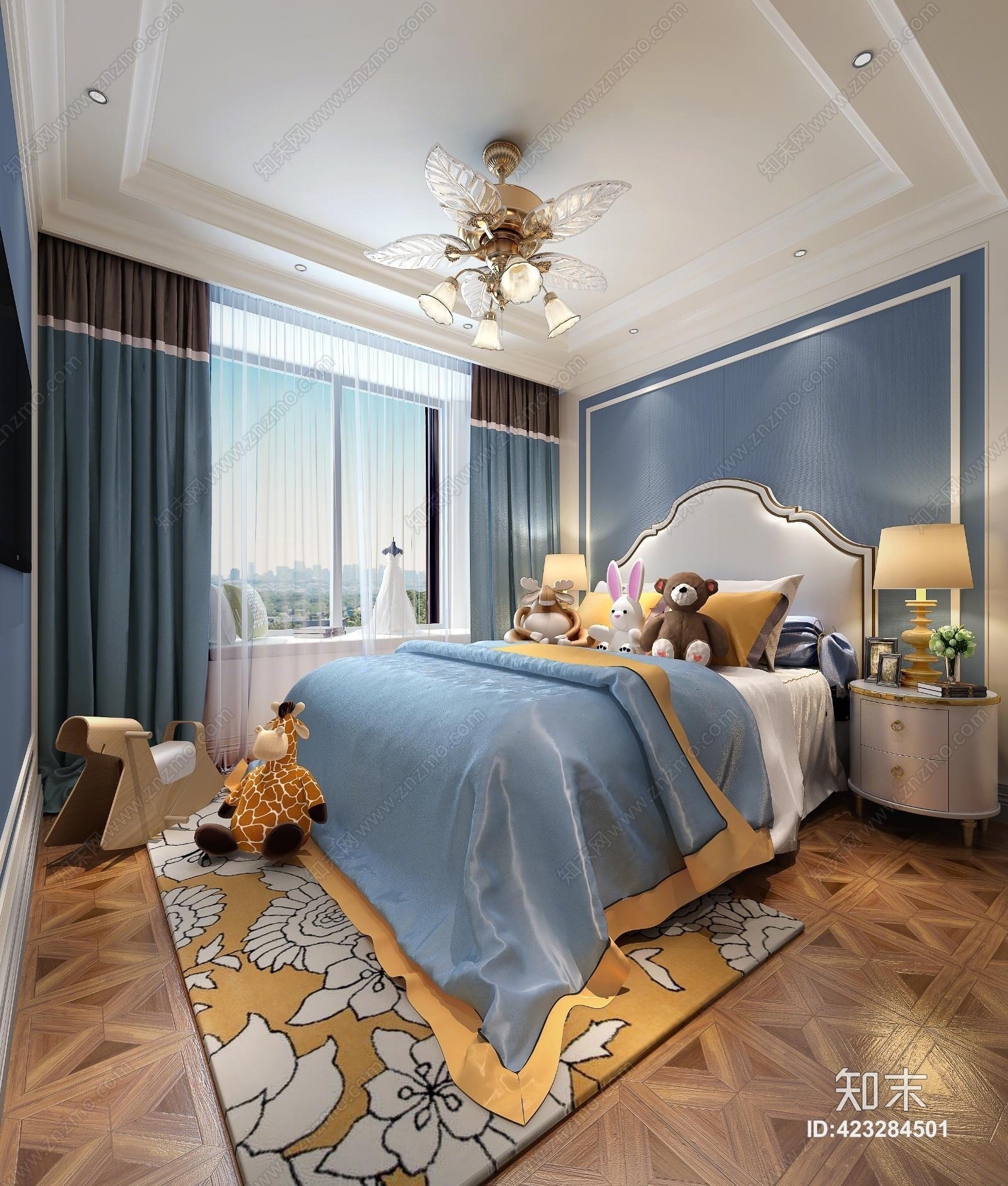 现代儿童房吊灯床组合3D模型下载【ID:423284501】