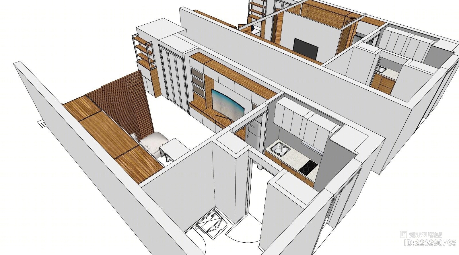 现代3d家具小户型公寓设计SU模型下载【ID:223290765】