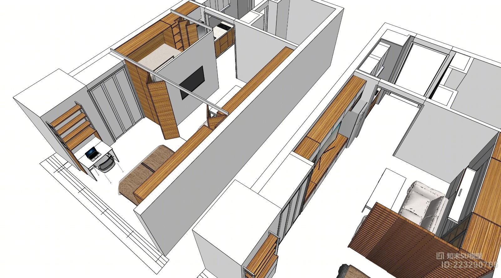 现代3d家具小户型公寓设计SU模型下载【ID:223290765】