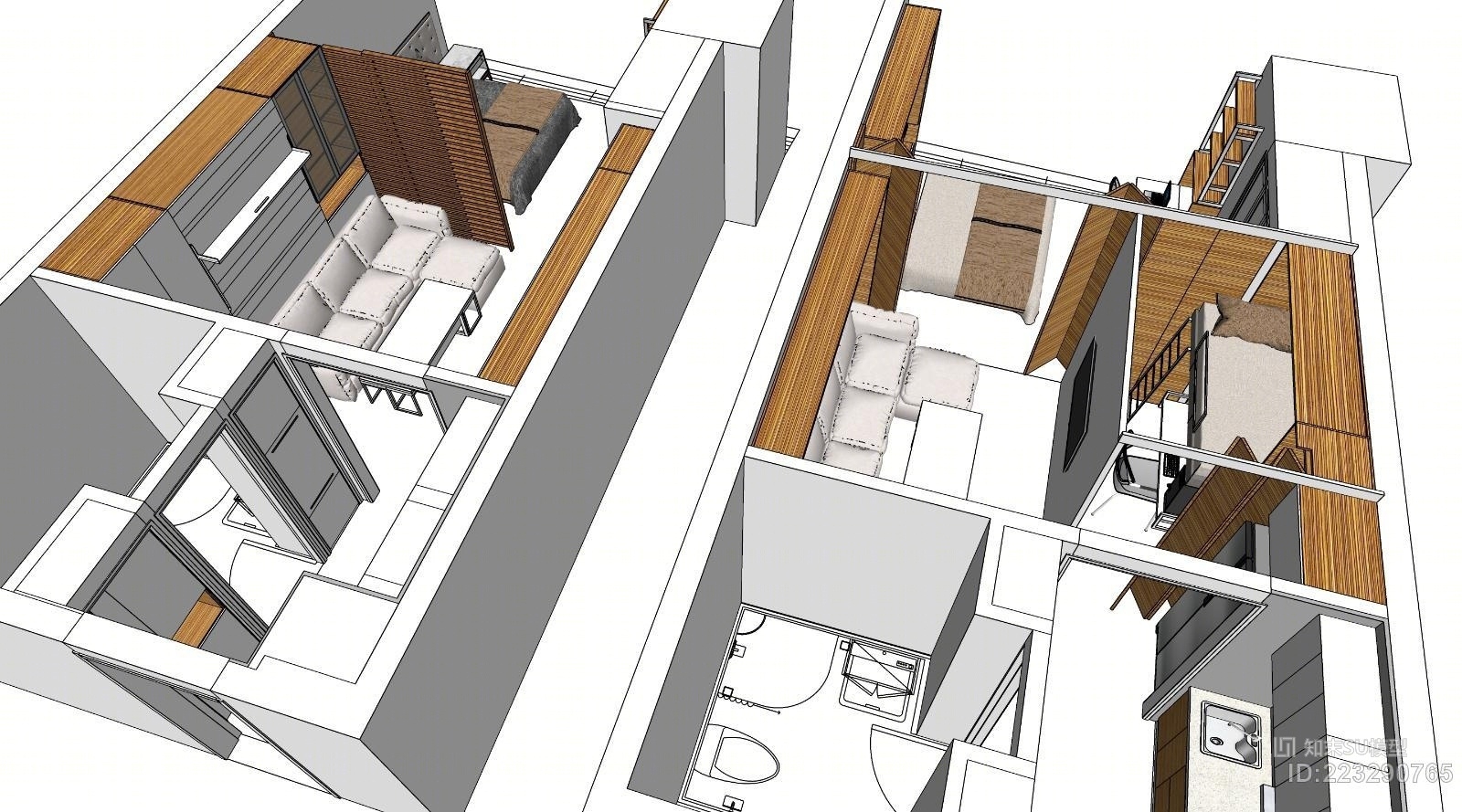 现代3d家具小户型公寓设计SU模型下载【ID:223290765】