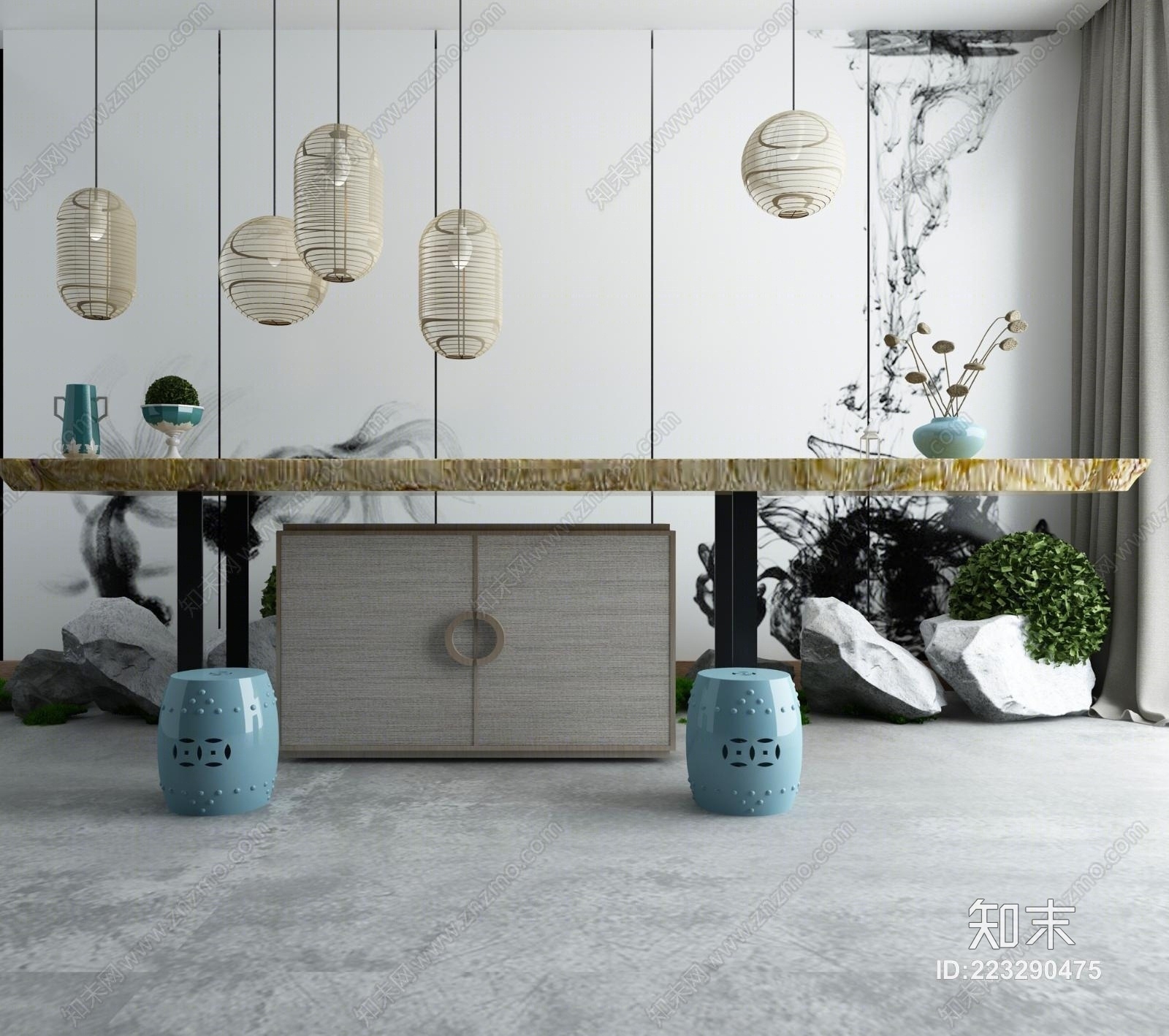 新中式门厅玄关端景柜组合3D模型下载【ID:223290475】