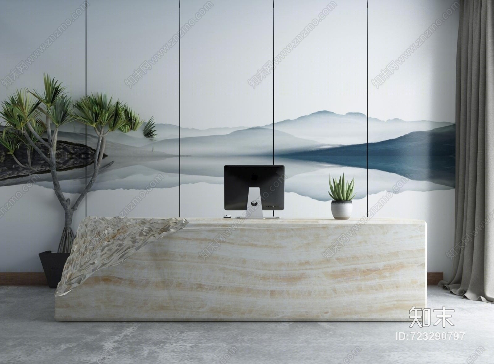 新中式办公室接待区3D模型下载【ID:723290797】