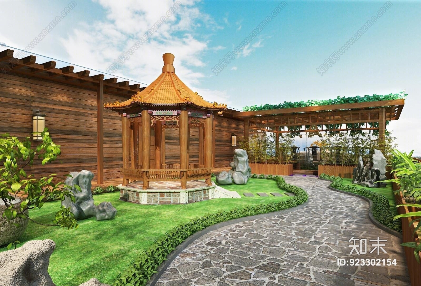新中式楼顶花园3D模型下载【ID:923302154】