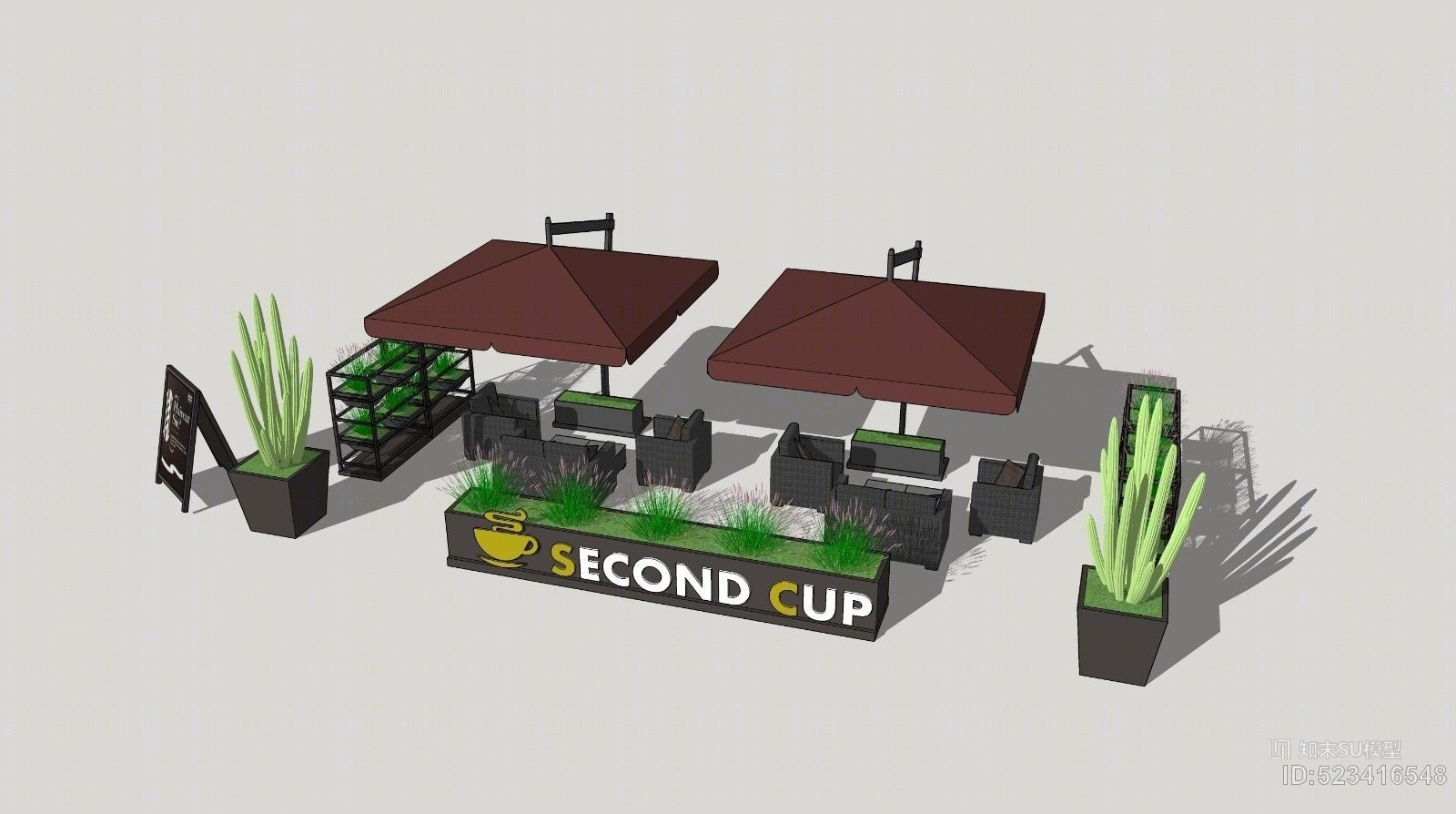 现代商业遮阳伞、花池、盆栽植物、户外椅子SU模型下载【ID:523416548】