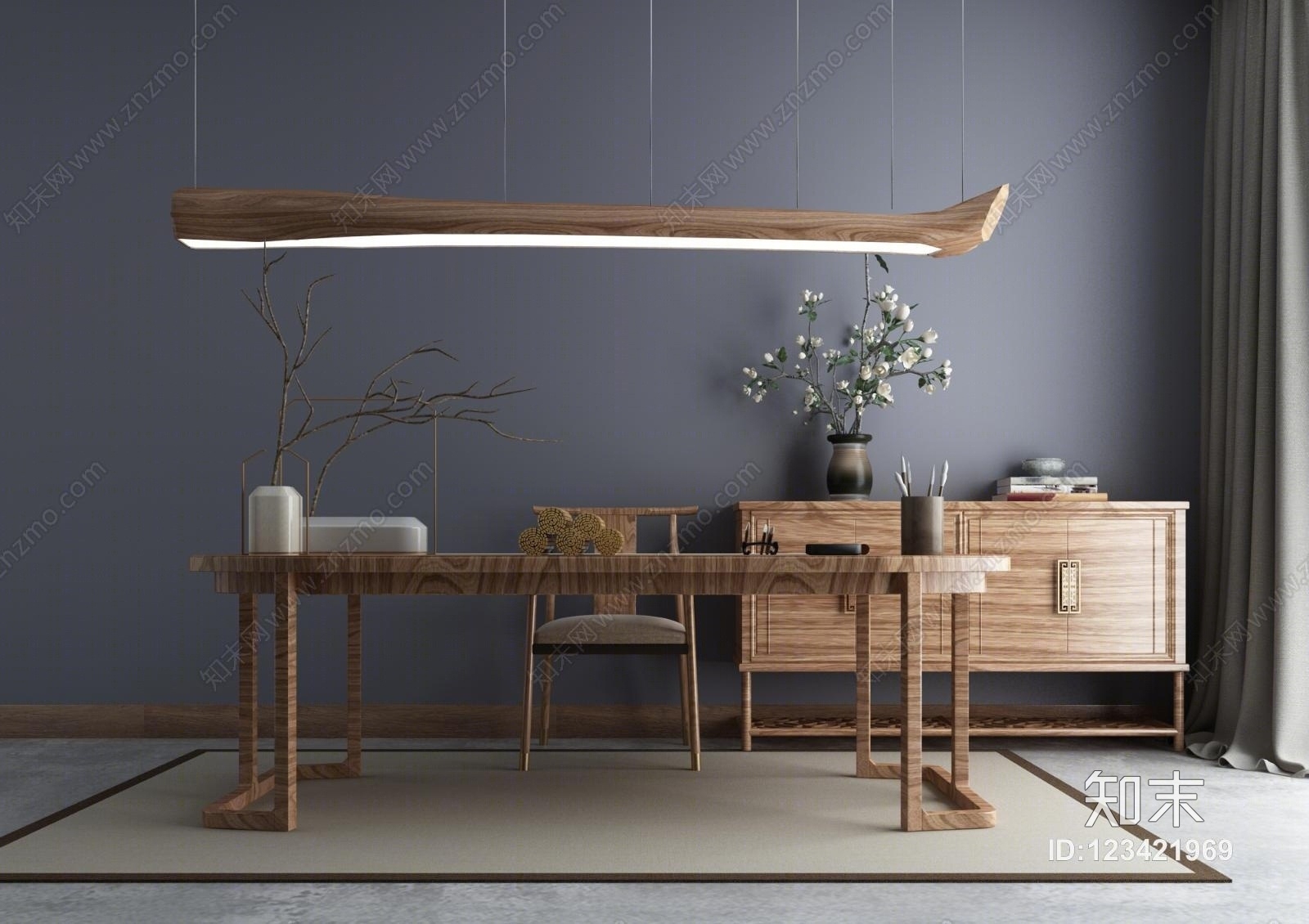 中式禅意茶室大板家具组合3D模型下载【ID:123421969】