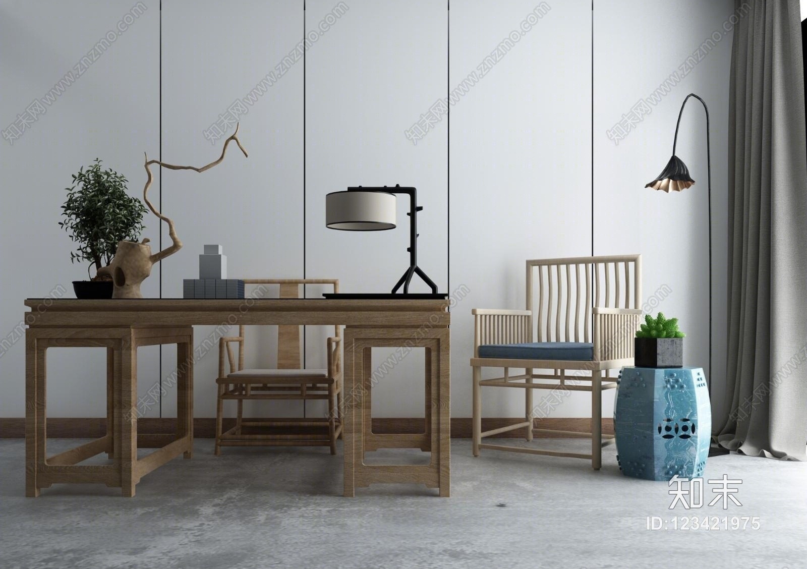 中式茶桌椅沙发茶几组合3D模型下载【ID:123421975】