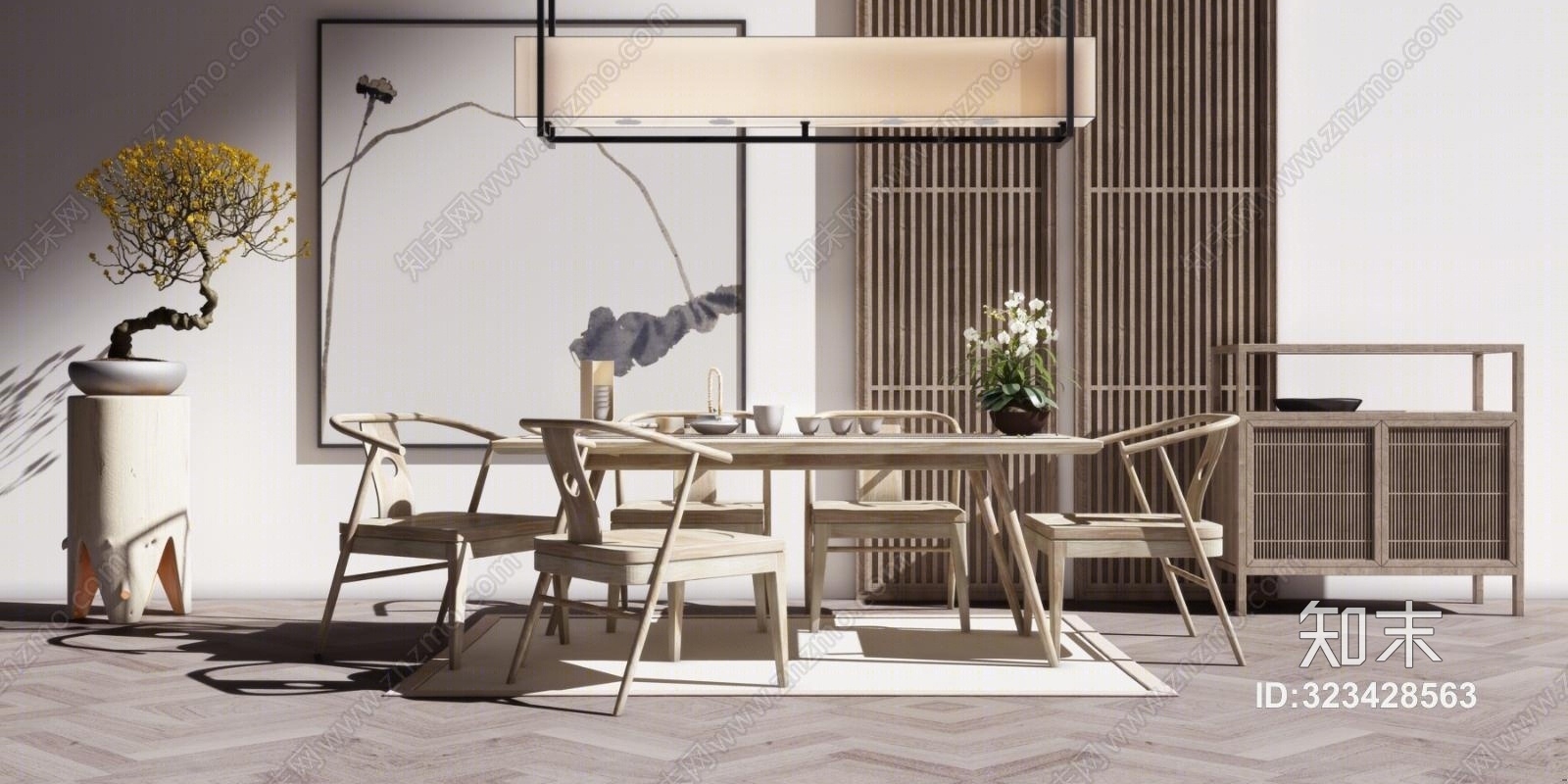 新中式茶桌椅吊灯3D模型下载【ID:323428563】