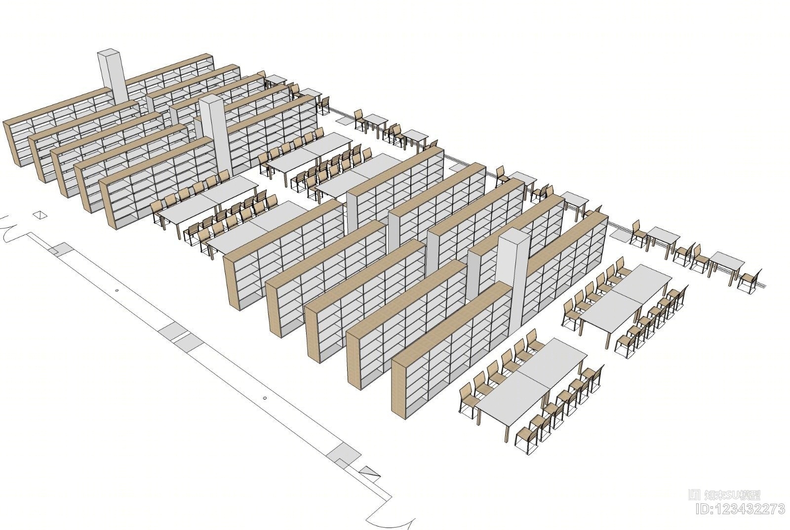 现代图书馆书架及阅览桌产品SU模型下载【ID:123432273】