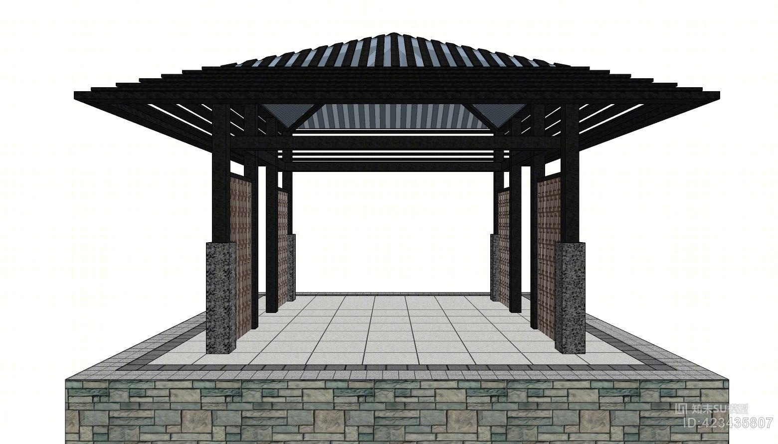 中式现代玻璃顶亭子SU模型下载【ID:423435807】
